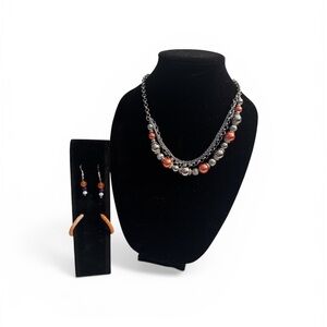Multistrand Silver Chain Necklace with Orange and Silver Beads